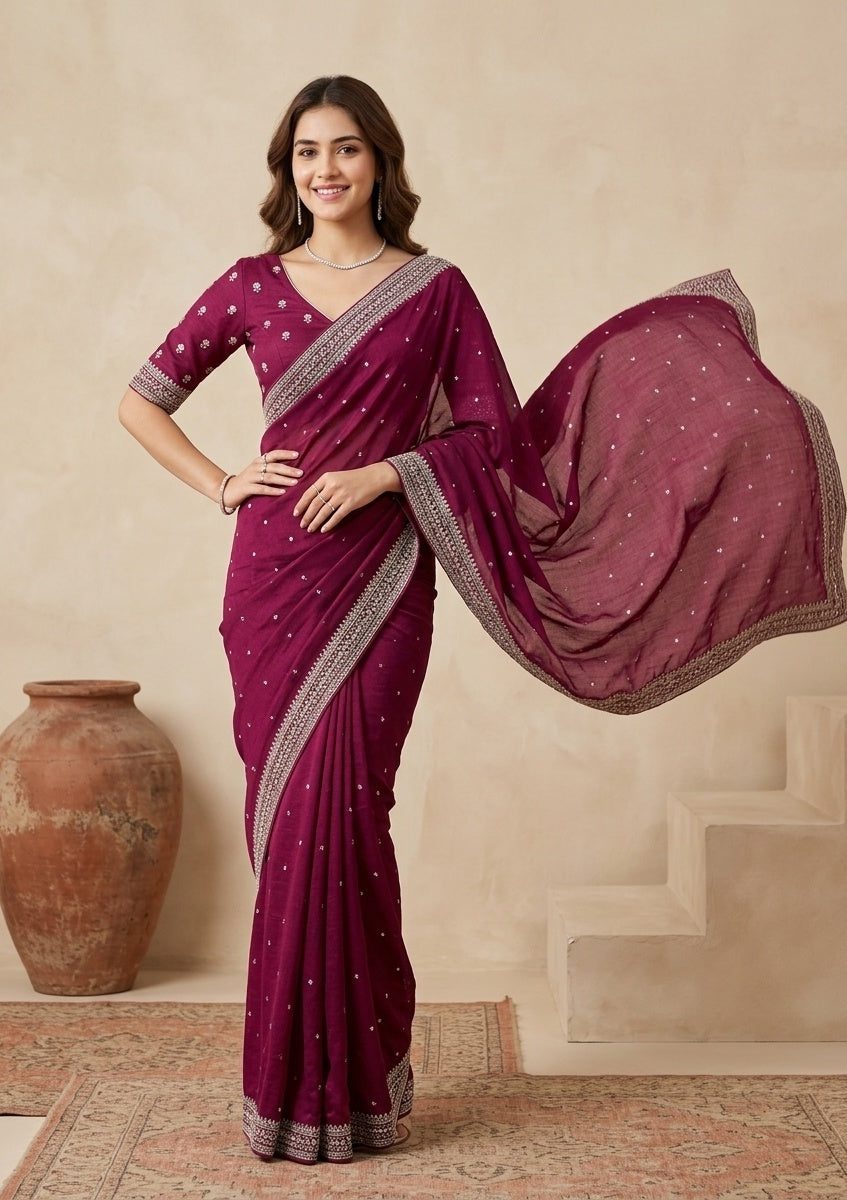 Wine Stonework (Gold) Soft Raw Silk Saree
