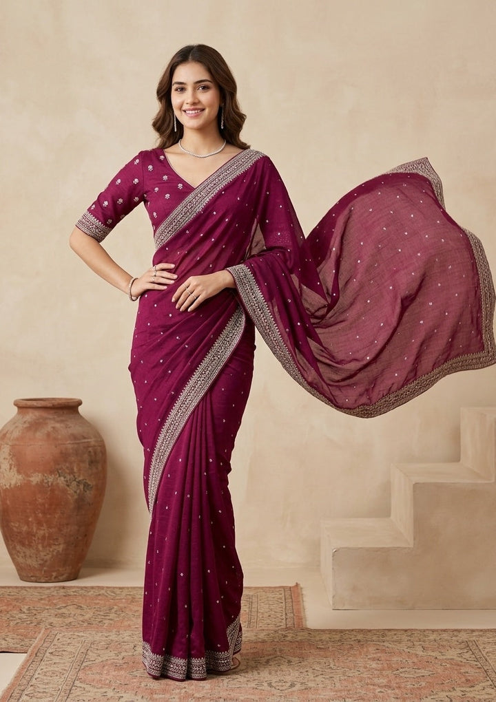 Wine Stonework (Gold) Soft Raw Silk Saree