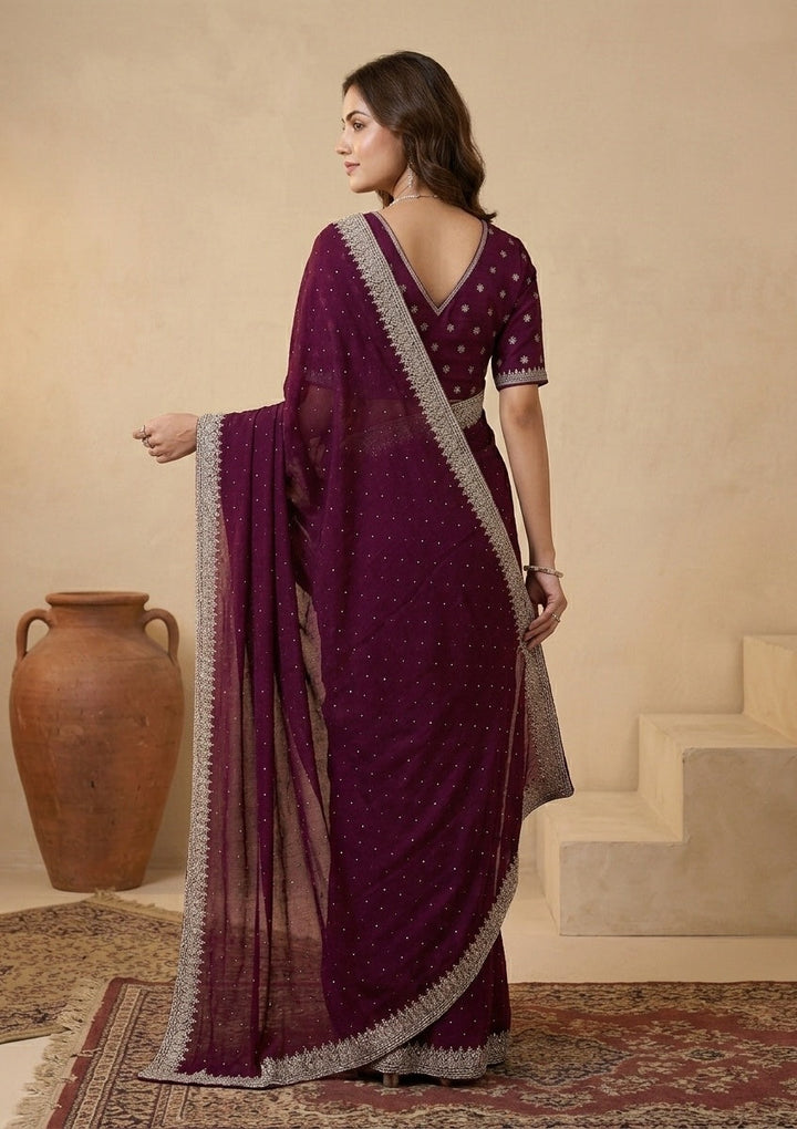 Wine Stonework (Gold) Soft Raw Silk Saree