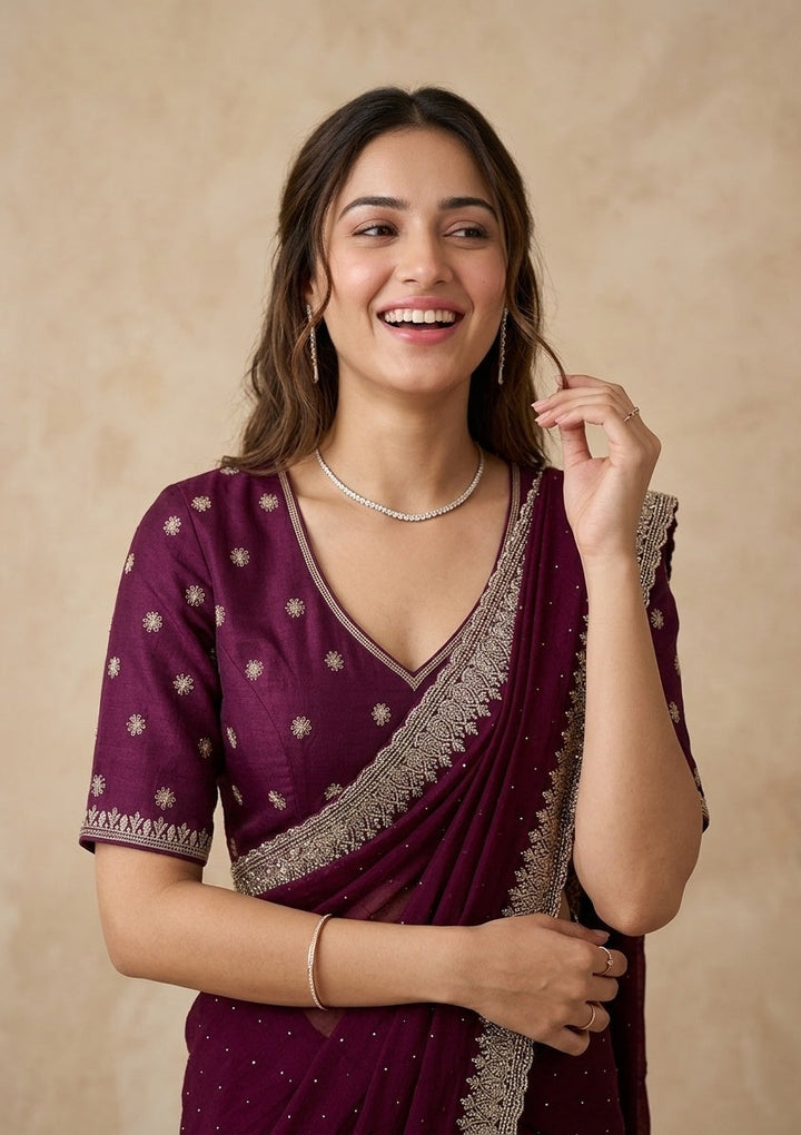Wine Stonework (Gold) Soft Raw Silk Saree