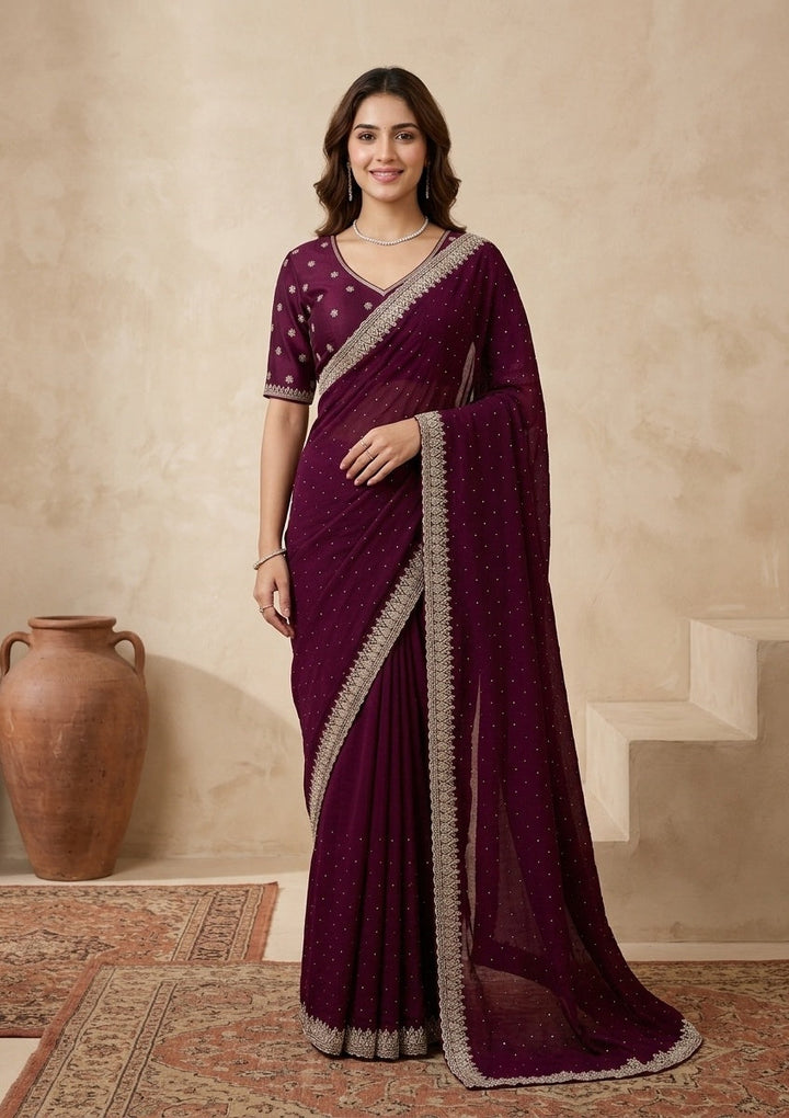 Wine Stonework (Gold) Soft Raw Silk Saree
