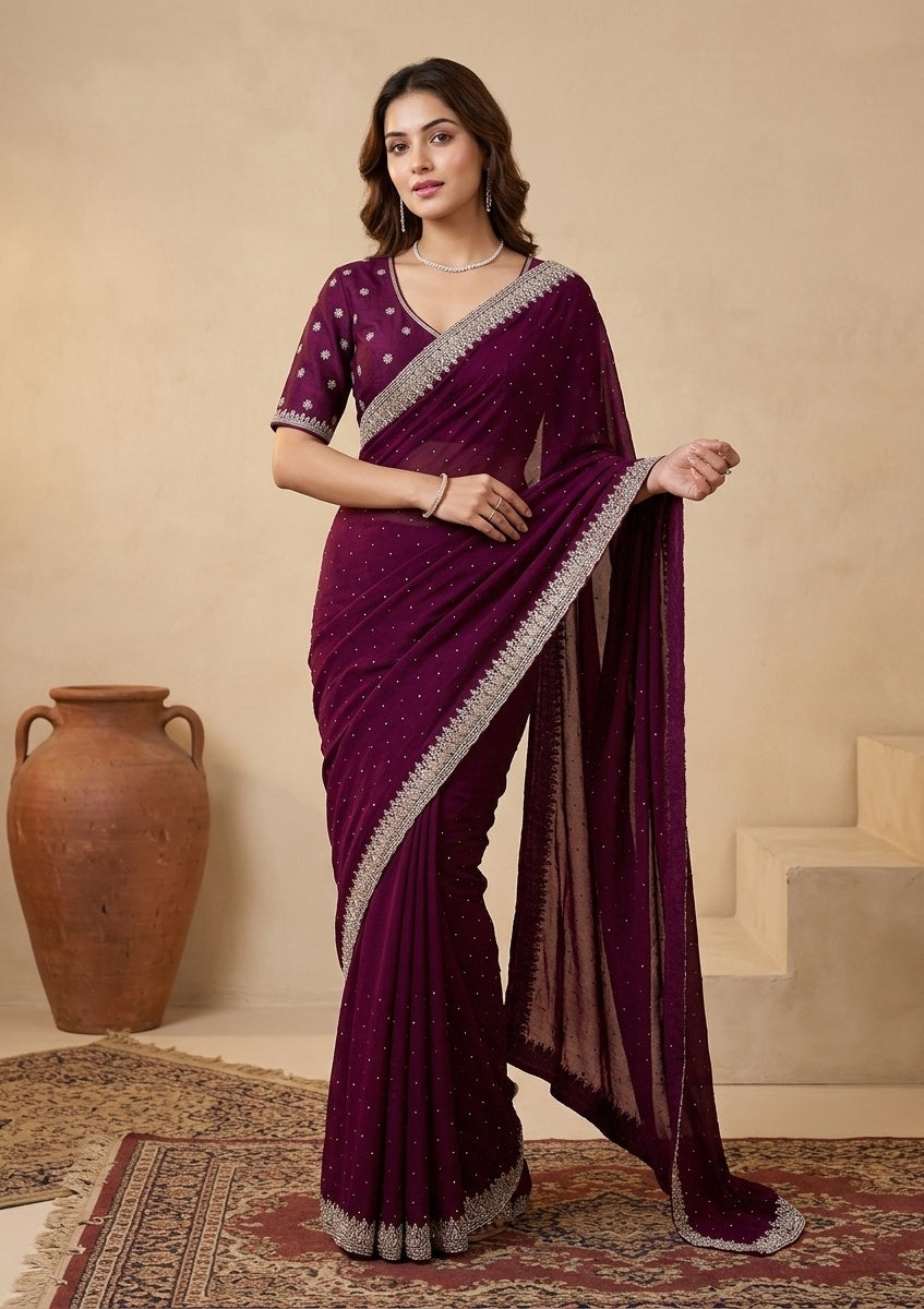 Wine Stonework (Gold) Soft Raw Silk Saree