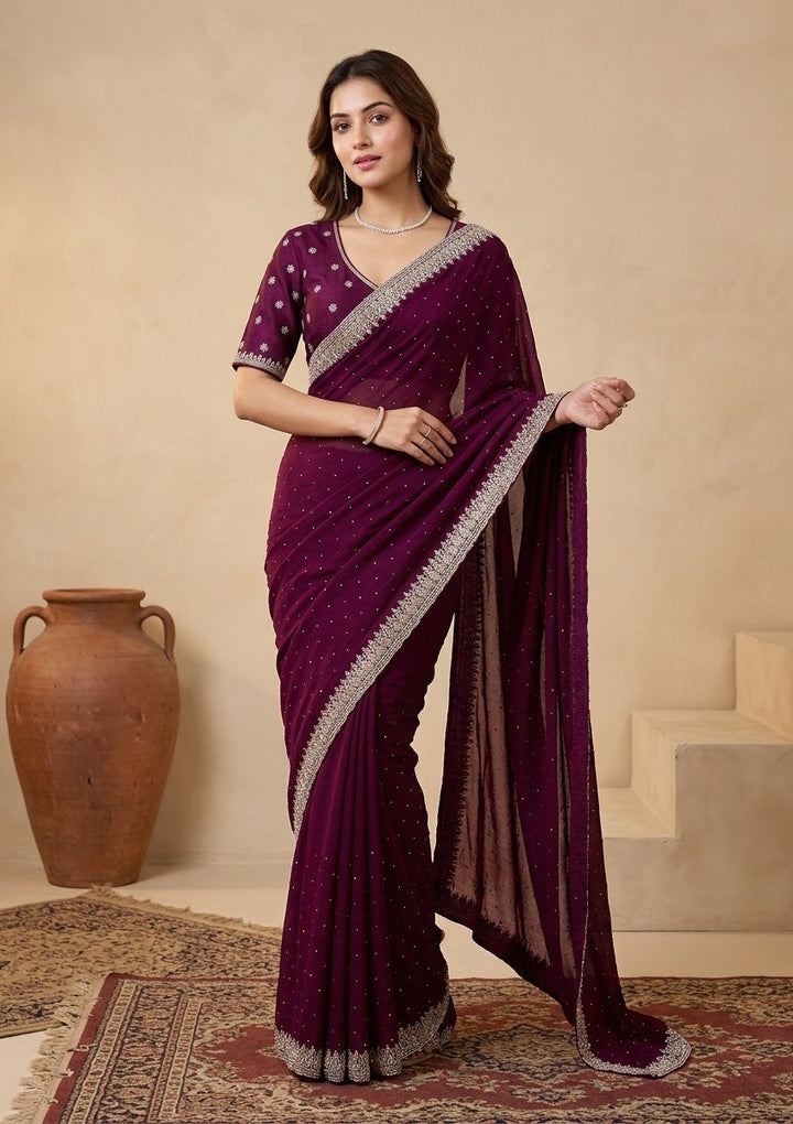 Wine Stonework (Gold) Soft Raw Silk Saree