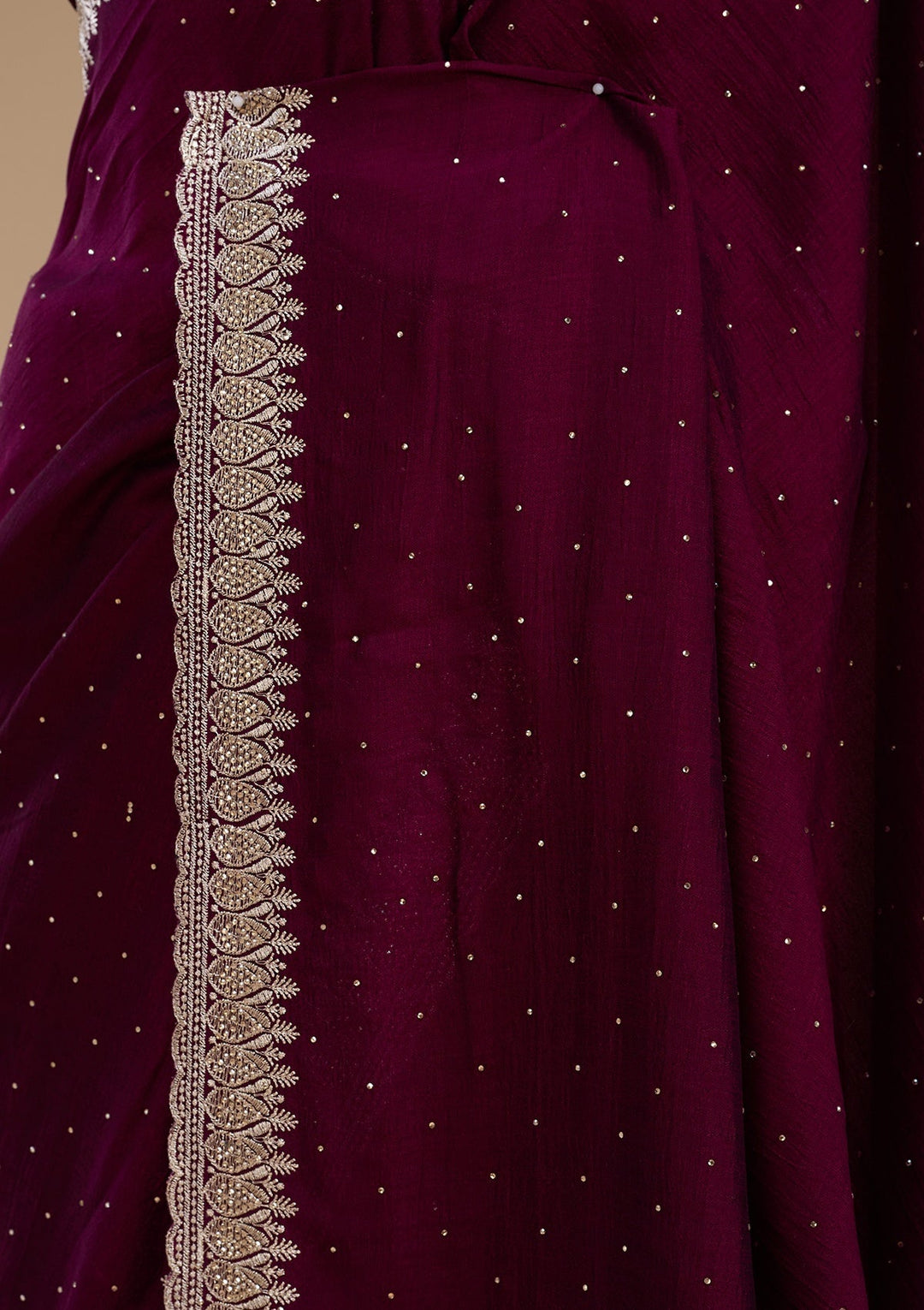 Wine Stonework (Gold) Soft Raw Silk Saree