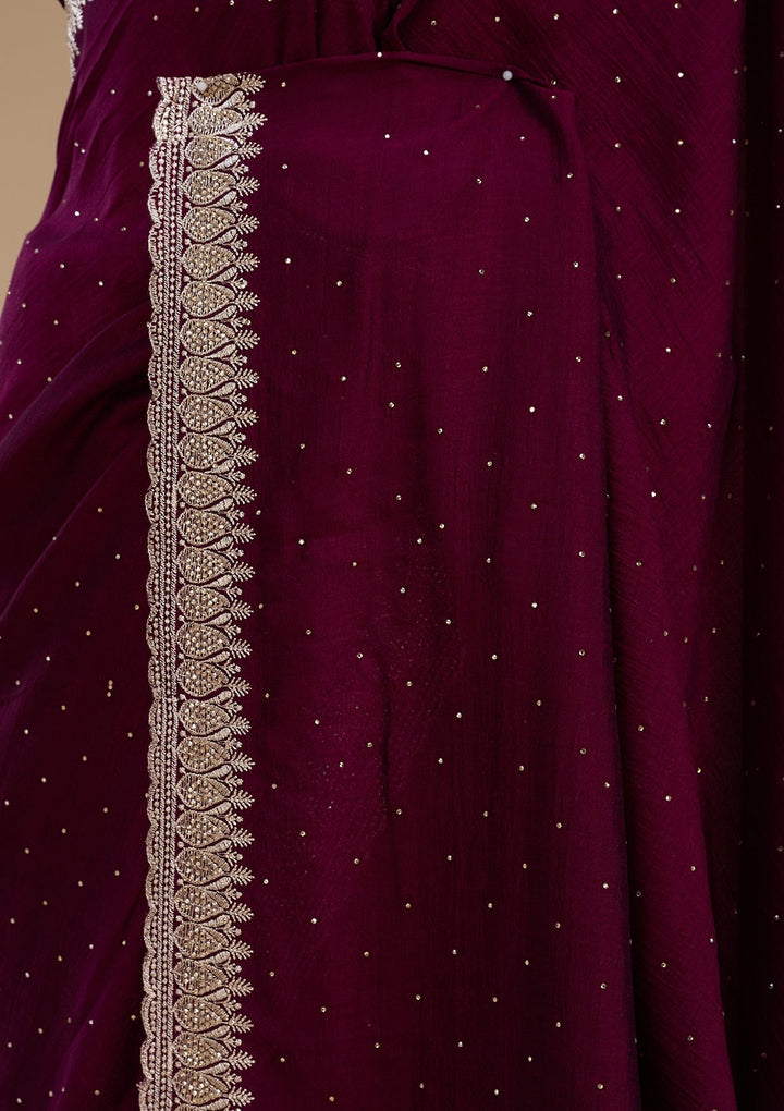 Wine Stonework (Gold) Soft Raw Silk Saree