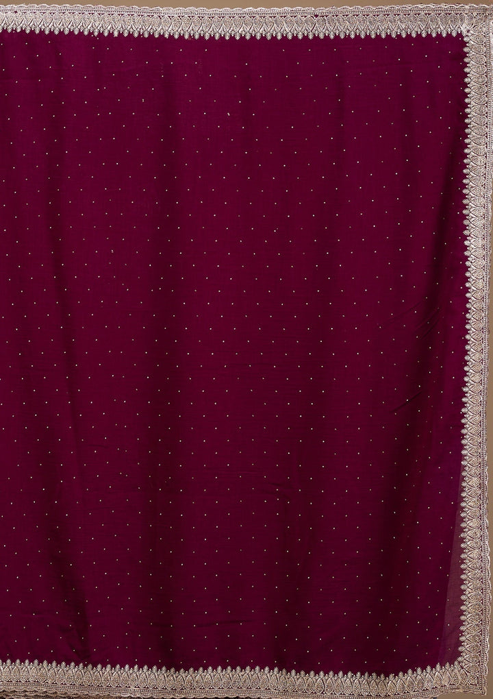 Wine Stonework (Gold) Soft Raw Silk Saree