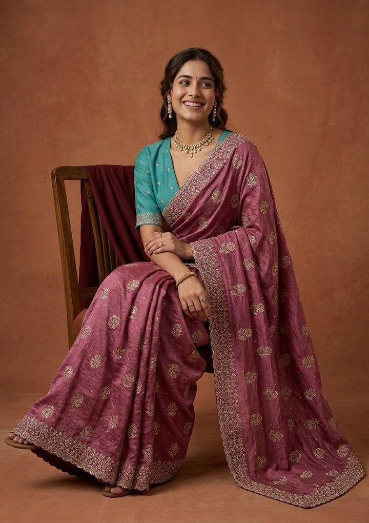 Onion Pink Zariwork (Gold) Soft Raw Silk Saree
