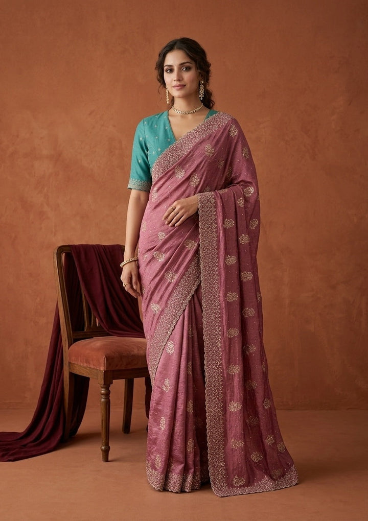 Onion Pink Zariwork (Gold) Soft Raw Silk Saree