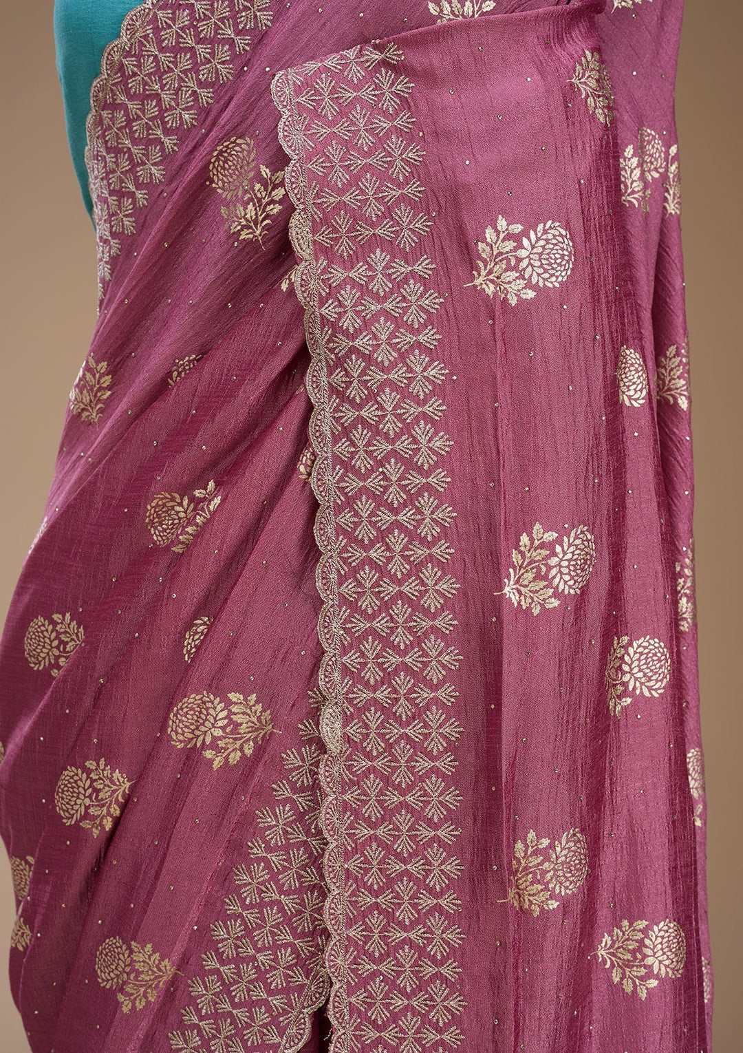 Onion Pink Zariwork (Gold) Soft Raw Silk Saree