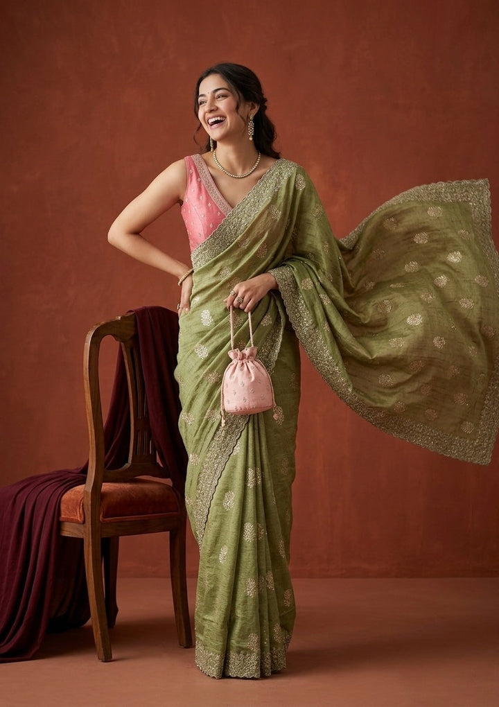 Pista Green Zariwork (Gold) Soft Raw Silk Saree