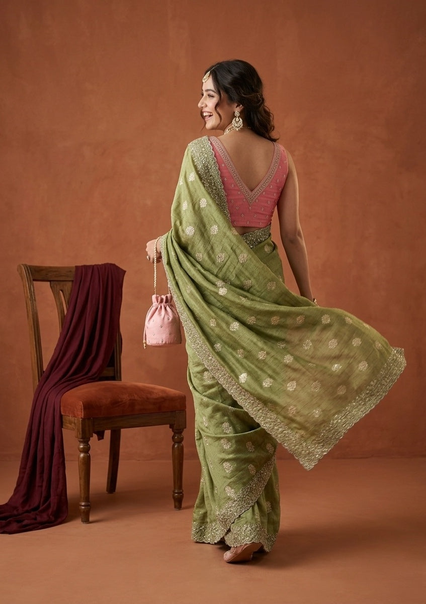 Pista Green Zariwork (Gold) Soft Raw Silk Saree