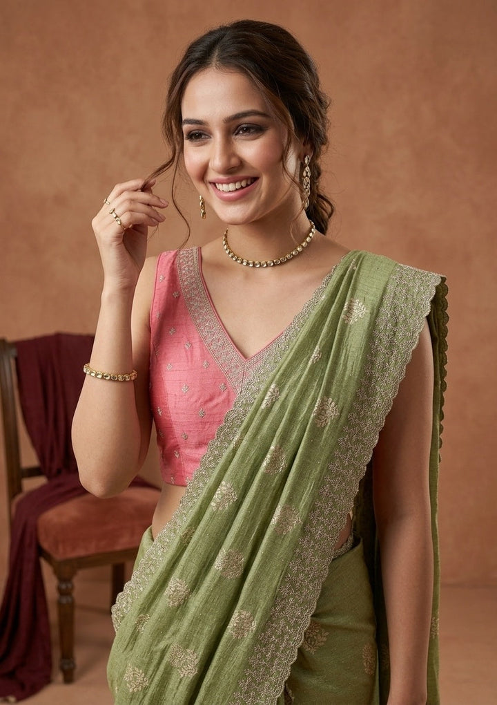 Pista Green Zariwork (Gold) Soft Raw Silk Saree