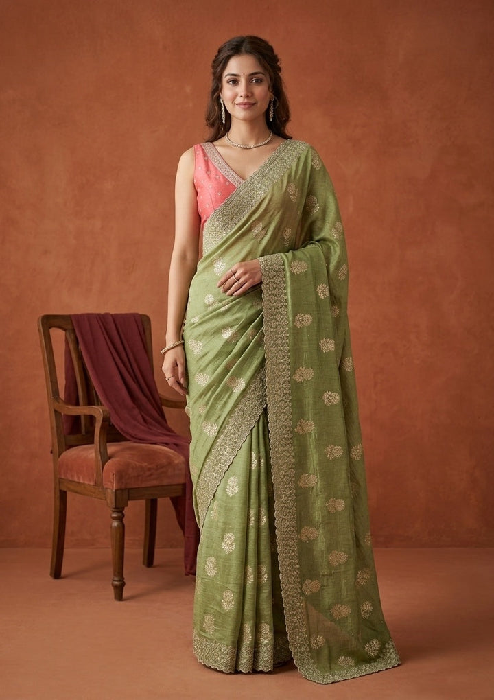 Pista Green Zariwork (Gold) Soft Raw Silk Saree