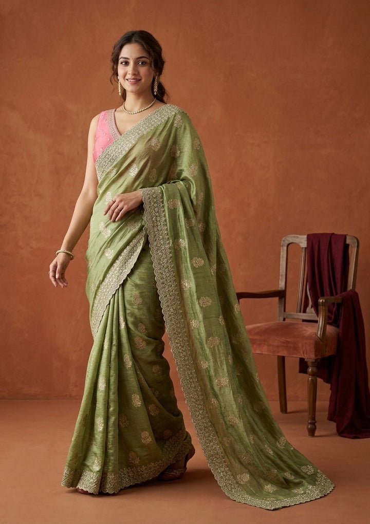 Pista Green Zariwork (Gold) Soft Raw Silk Saree