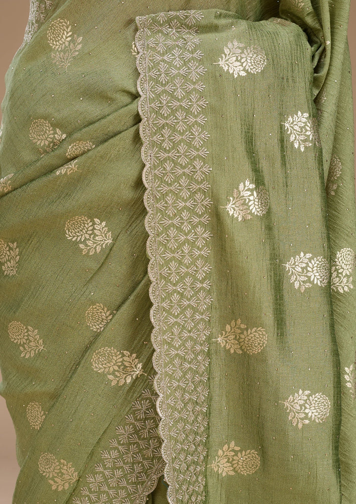 Pista Green Zariwork (Gold) Soft Raw Silk Saree