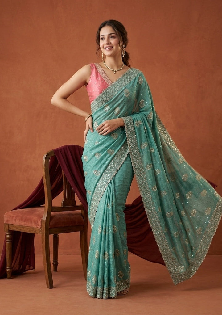 Sea Green Zariwork (Gold) Soft Raw Silk Saree