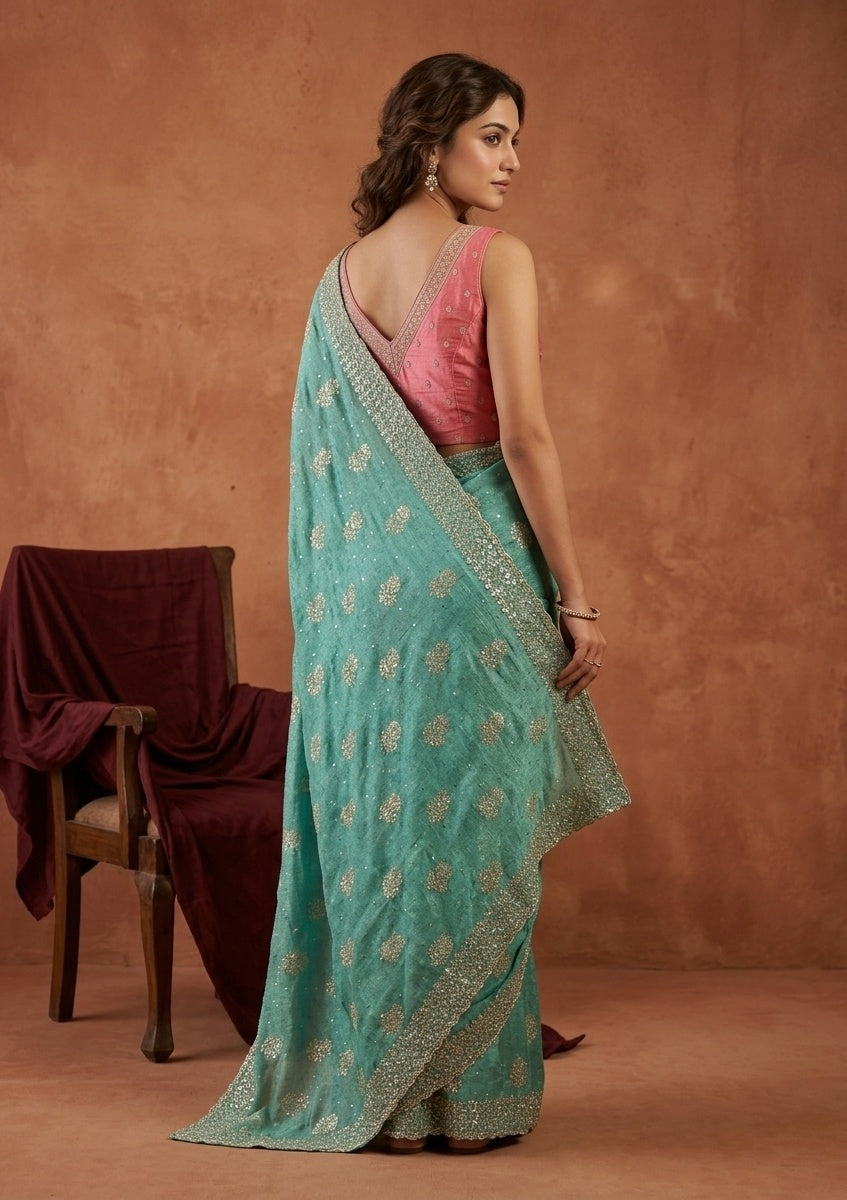 Sea Green Zariwork (Gold) Soft Raw Silk Saree