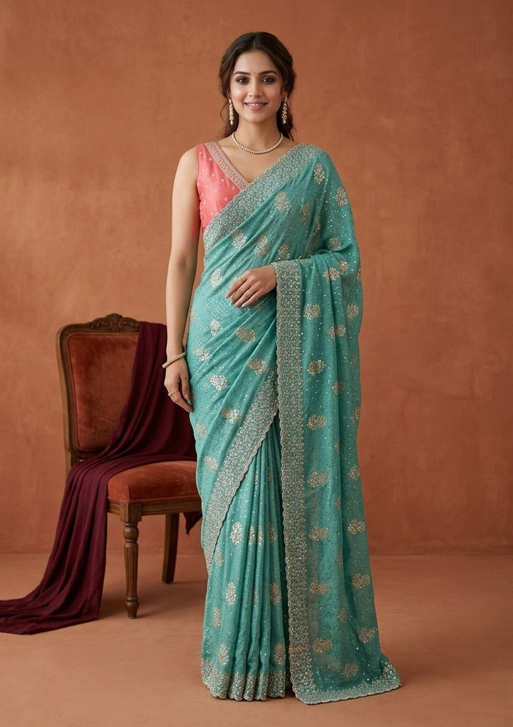 Sea Green Zariwork (Gold) Soft Raw Silk Saree