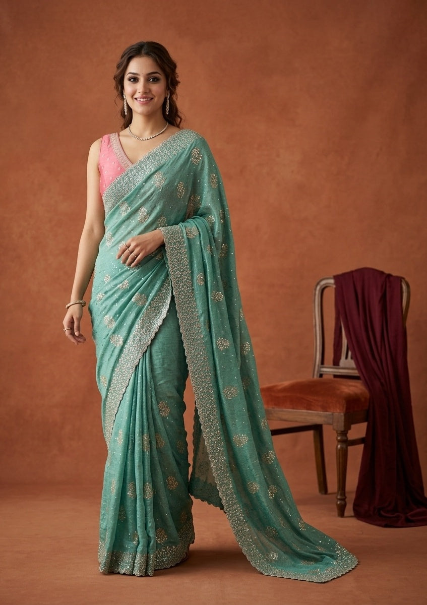 Sea Green Zariwork (Gold) Soft Raw Silk Saree