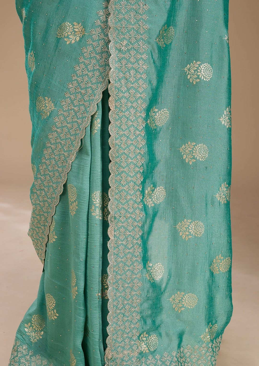 Sea Green Zariwork (Gold) Soft Raw Silk Saree