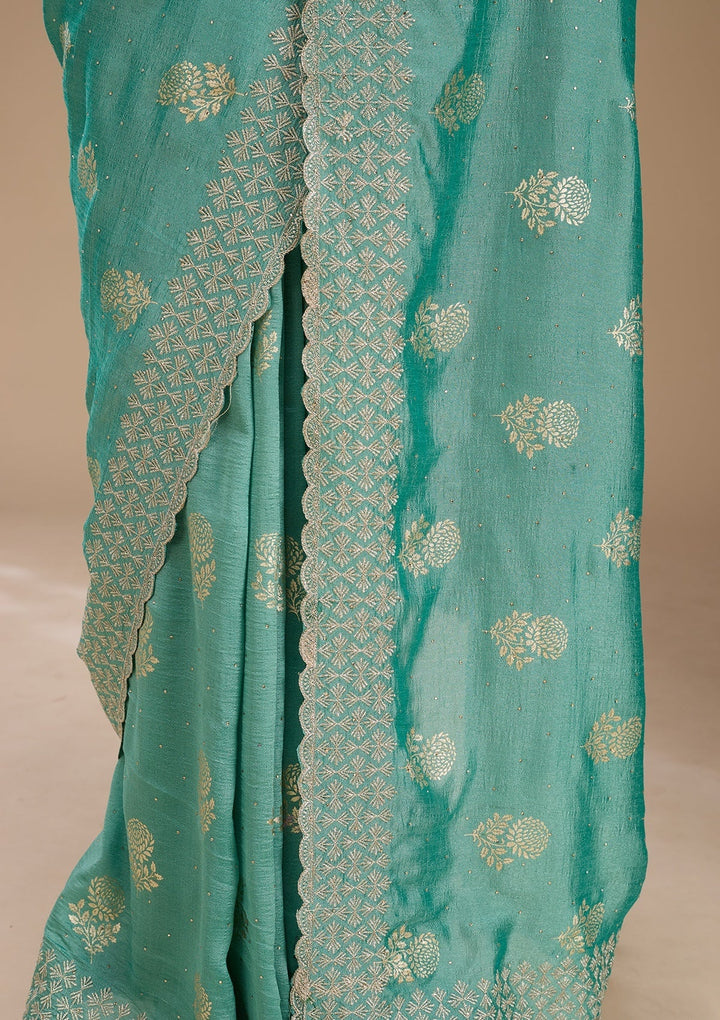 Sea Green Zariwork (Gold) Soft Raw Silk Saree