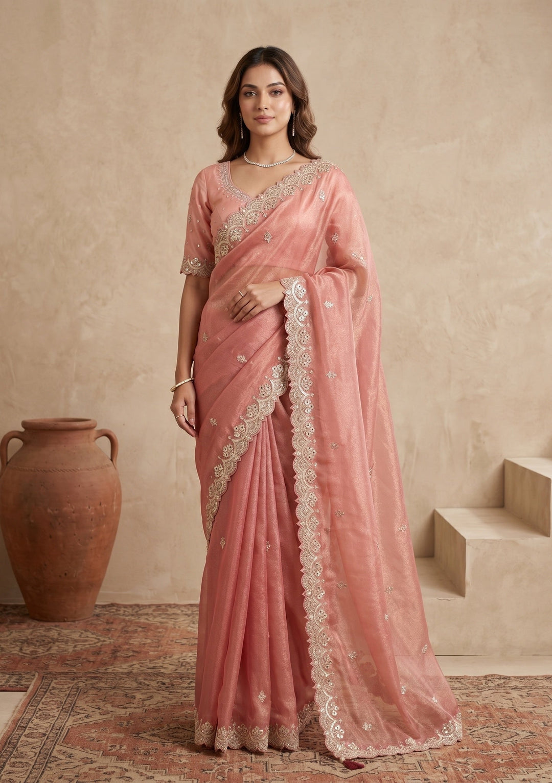 Onion Pink Sequins Tissue Saree