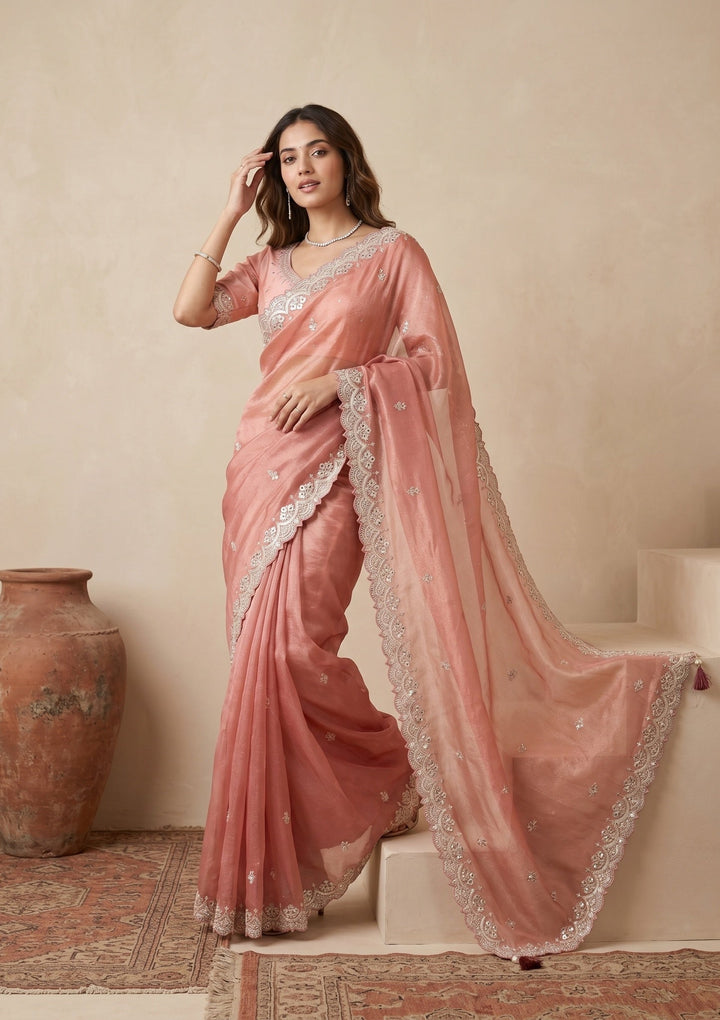 Onion Pink Sequins Tissue Saree