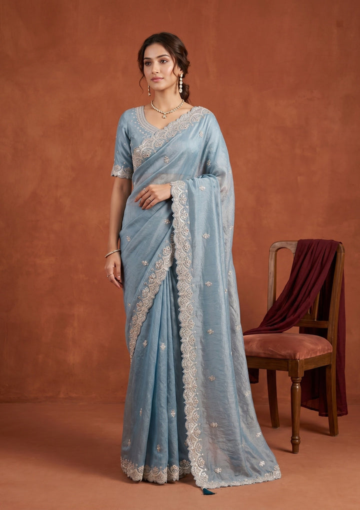 Sky Blue Sequins Tissue Saree