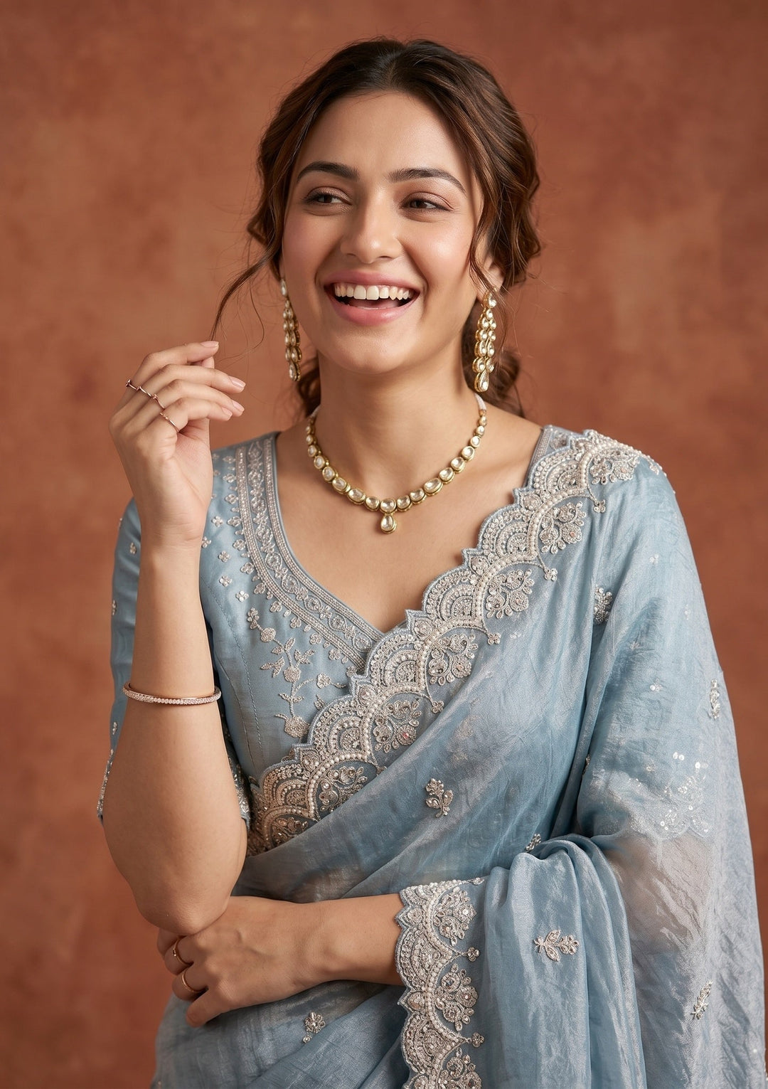 Sky Blue Sequins Tissue Saree