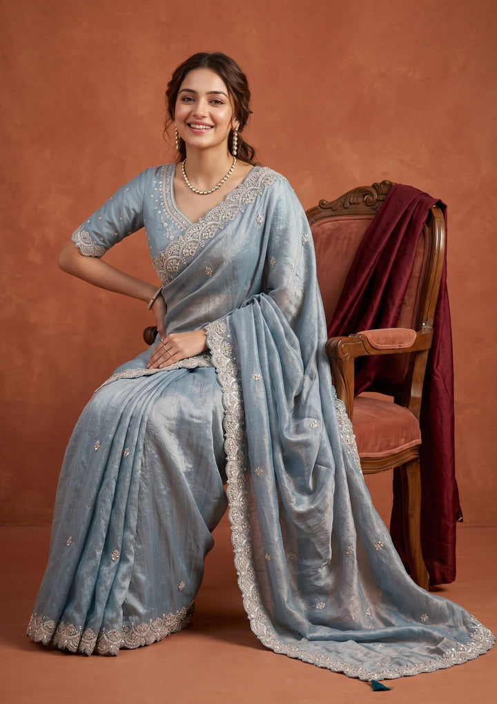 Sky Blue Sequins Tissue Saree