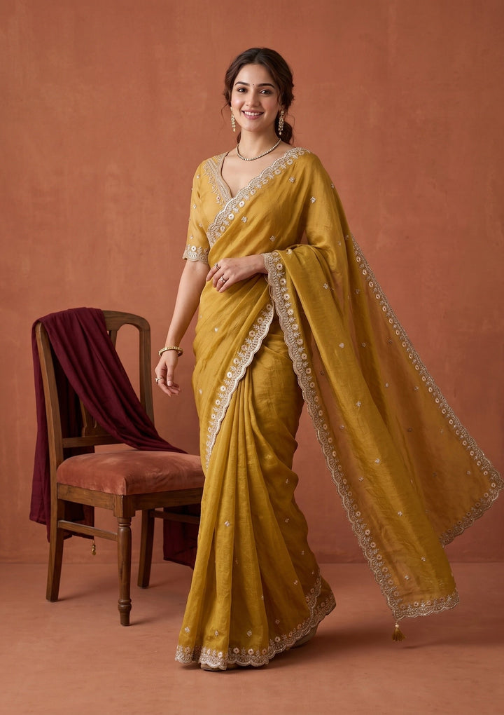 Mustard Sequins Tissue Saree