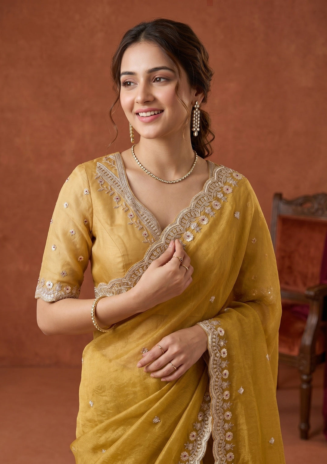 Mustard Sequins Tissue Saree