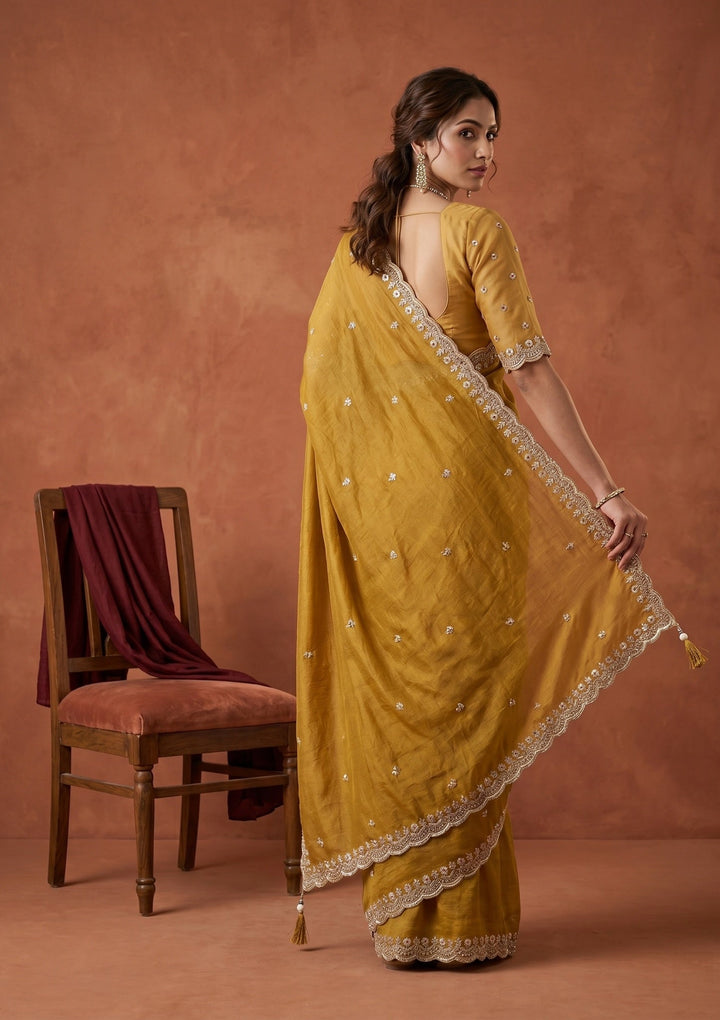Mustard Sequins Tissue Saree