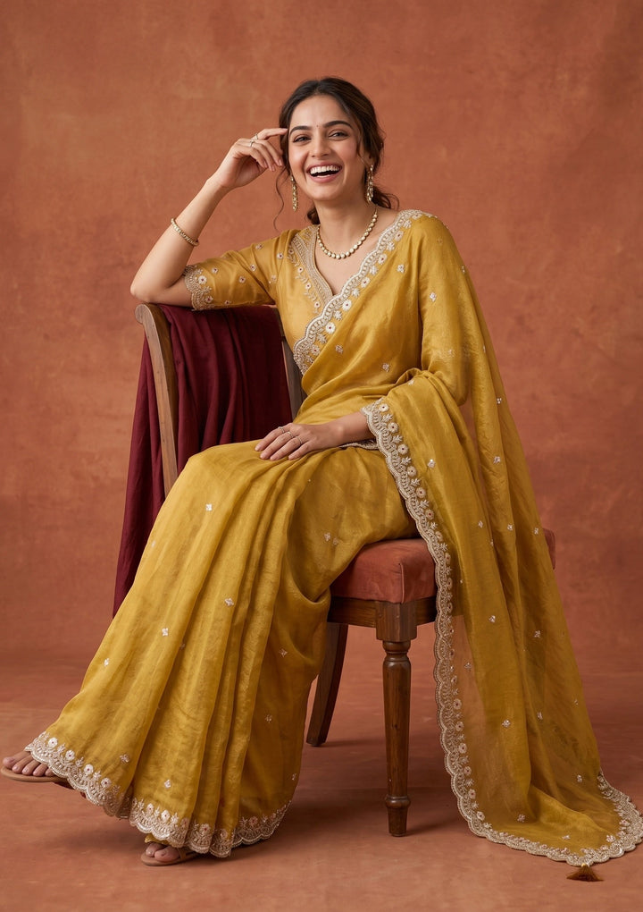 Mustard Sequins Tissue Saree