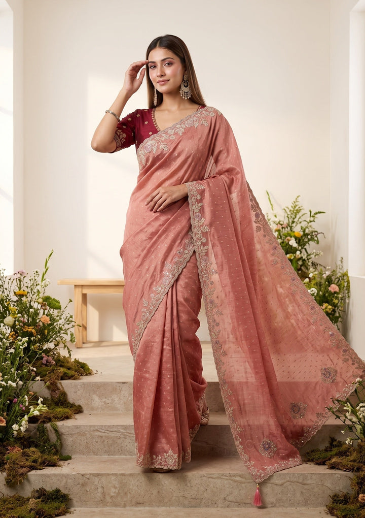 Peach Soft Raw Silk Threadwork Saree With Matching Blouse Piece