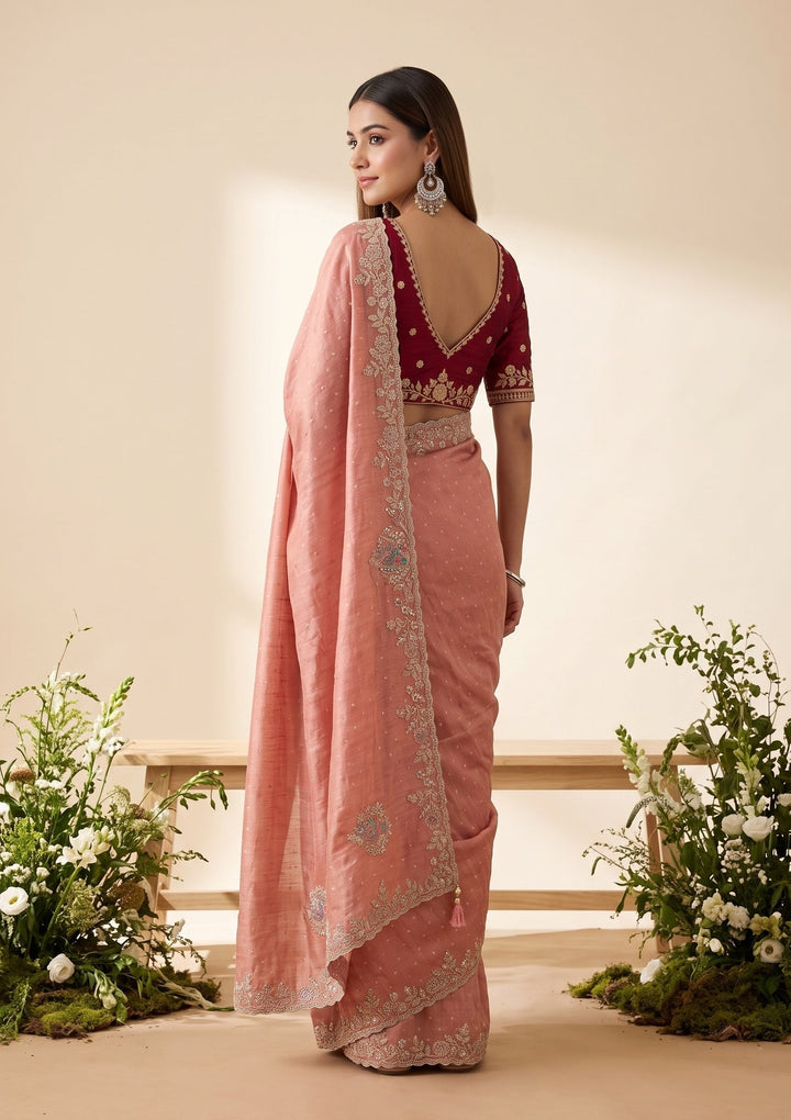 Peach Soft Raw Silk Threadwork Saree With Matching Blouse Piece
