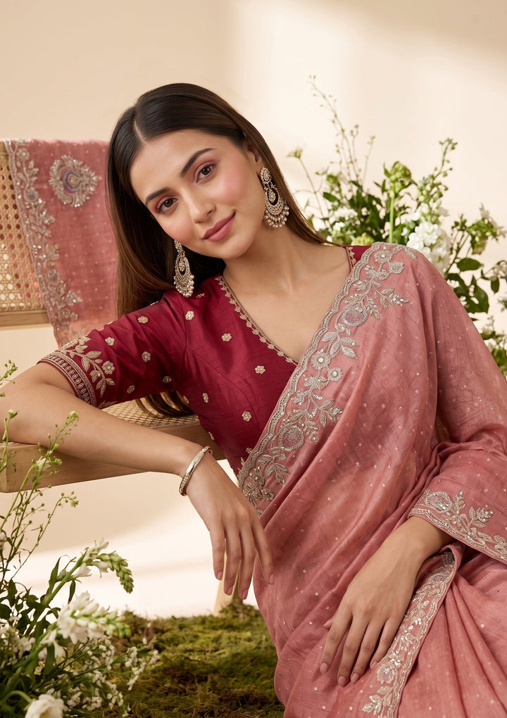 Peach Soft Raw Silk Threadwork Saree With Matching Blouse Piece