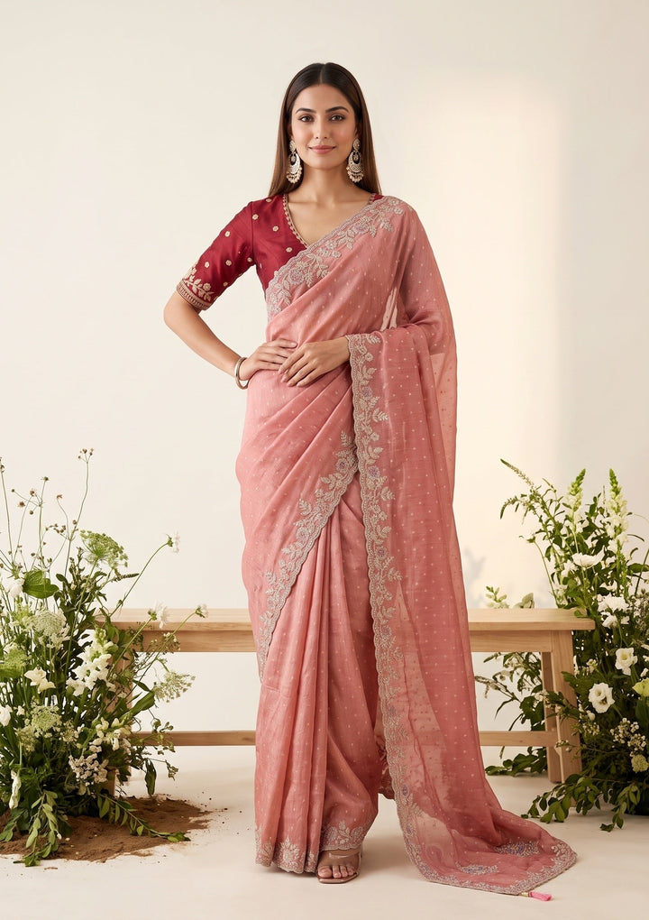 Peach Soft Raw Silk Threadwork Saree With Matching Blouse Piece