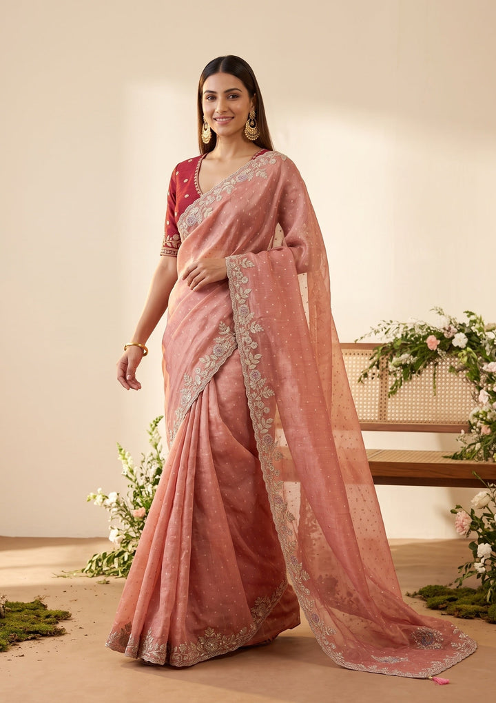 Peach Soft Raw Silk Threadwork Saree With Matching Blouse Piece