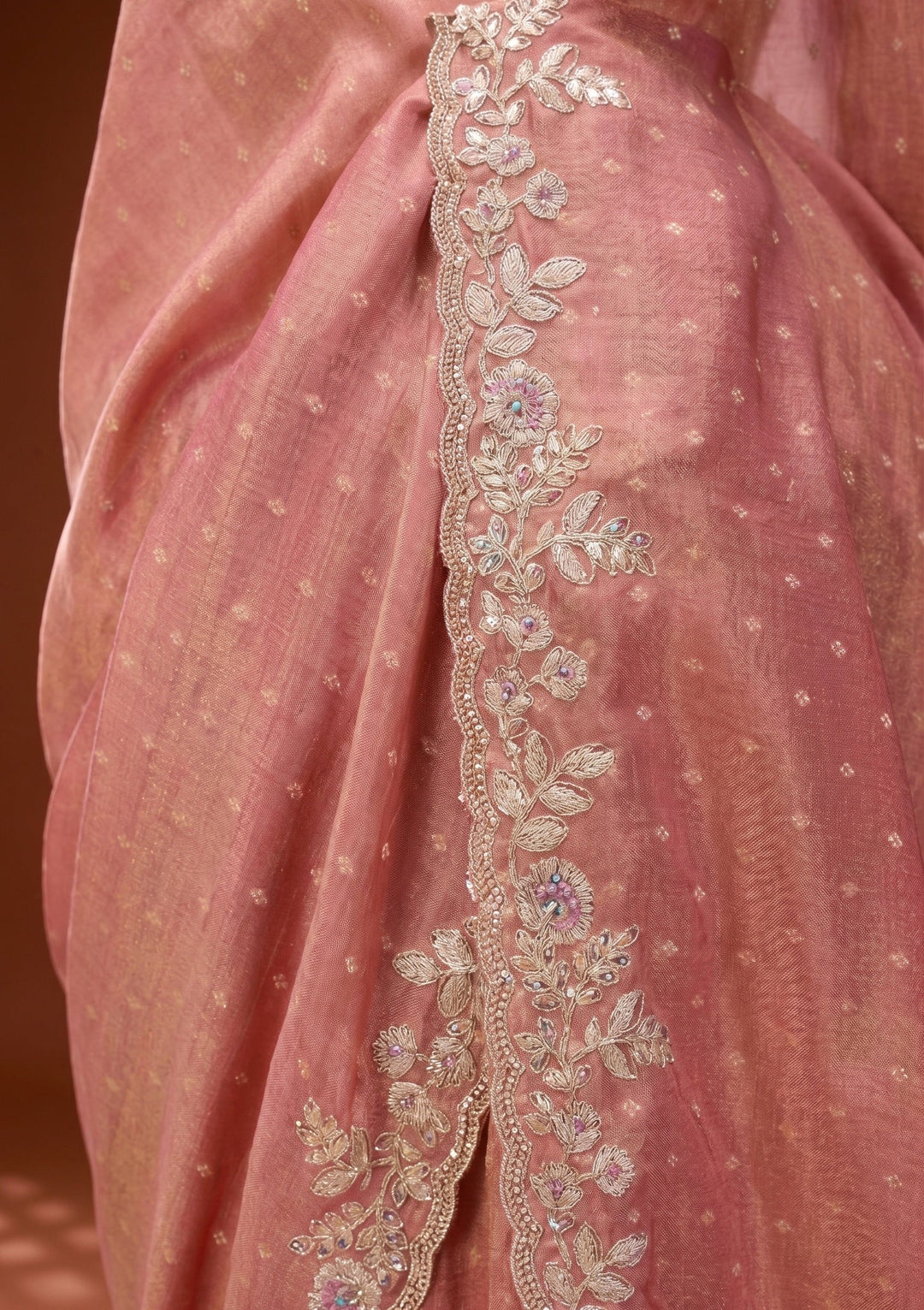 Peach Soft Raw Silk Threadwork Saree With Matching Blouse Piece