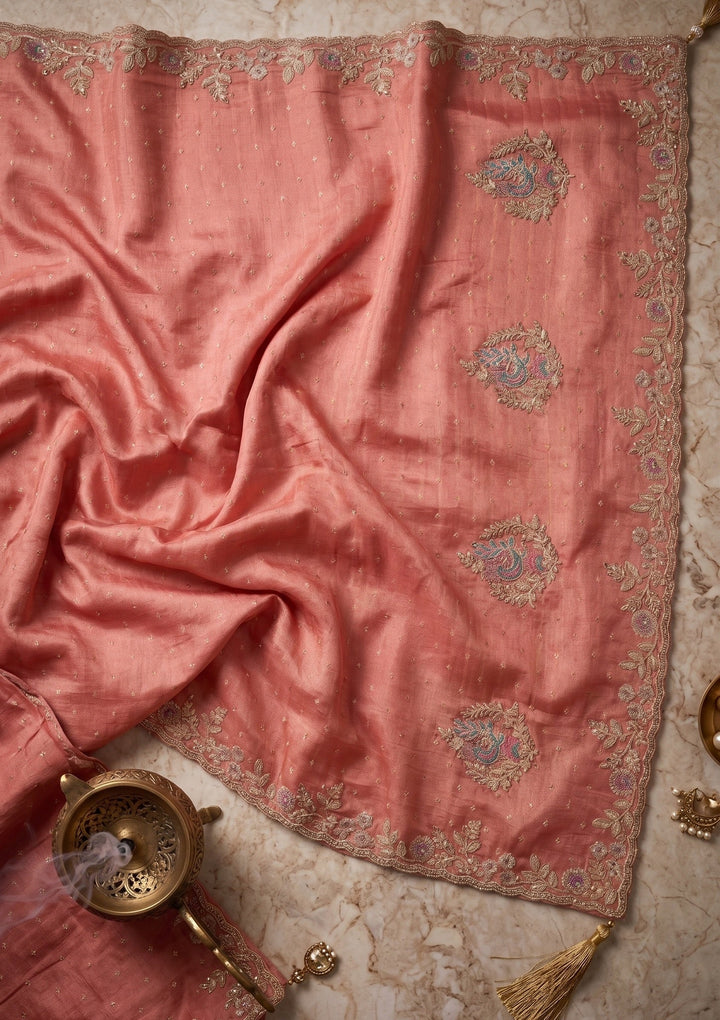 Peach Soft Raw Silk Threadwork Saree With Matching Blouse Piece