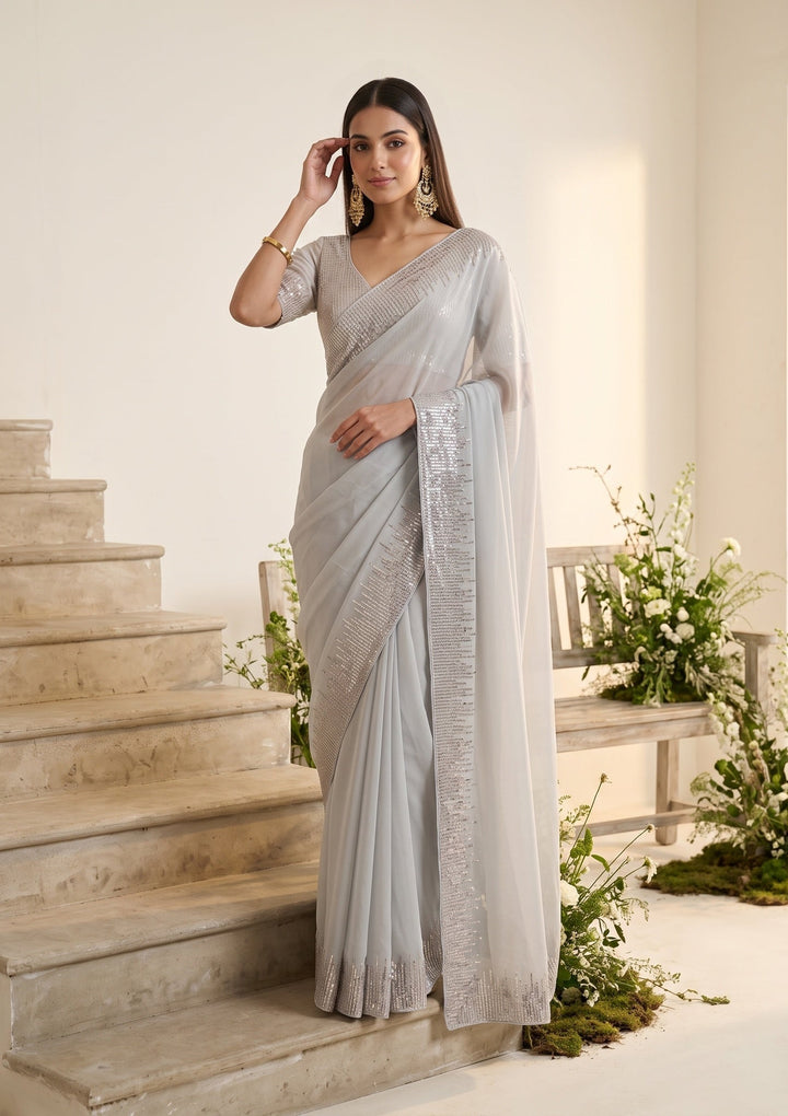 Light Grey Sequins Georgette Saree