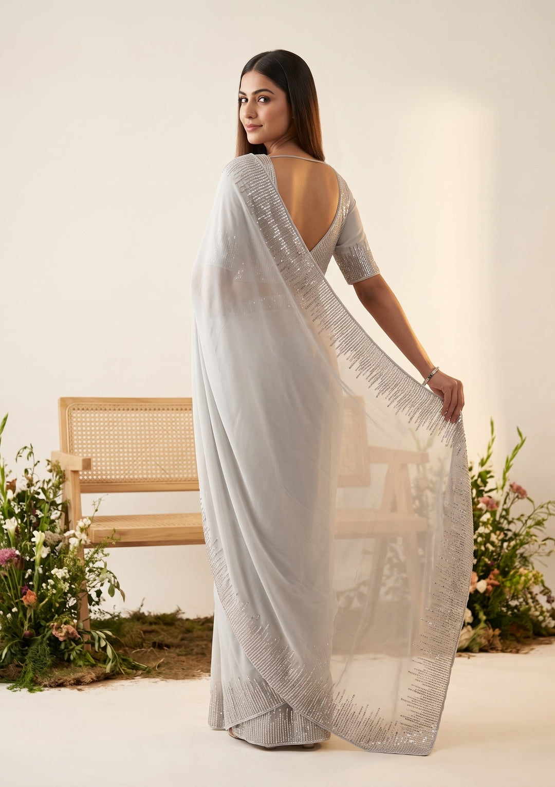 Light Grey Sequins Georgette Saree