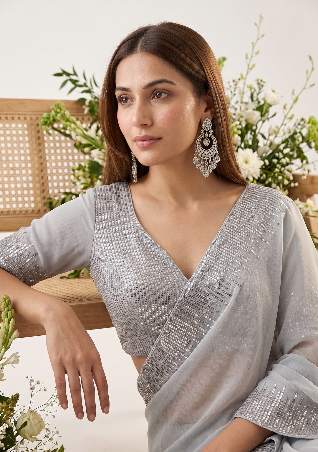 Light Grey Sequins Georgette Saree