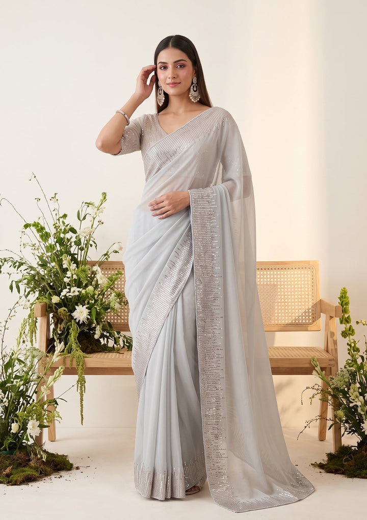 Light Grey Sequins Georgette Saree