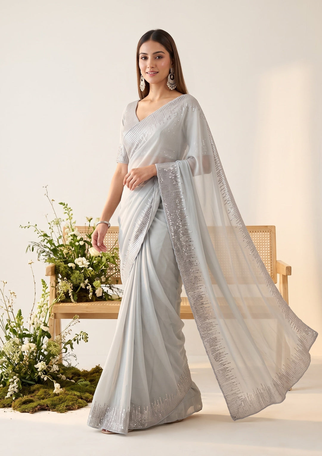Light Grey Sequins Georgette Saree