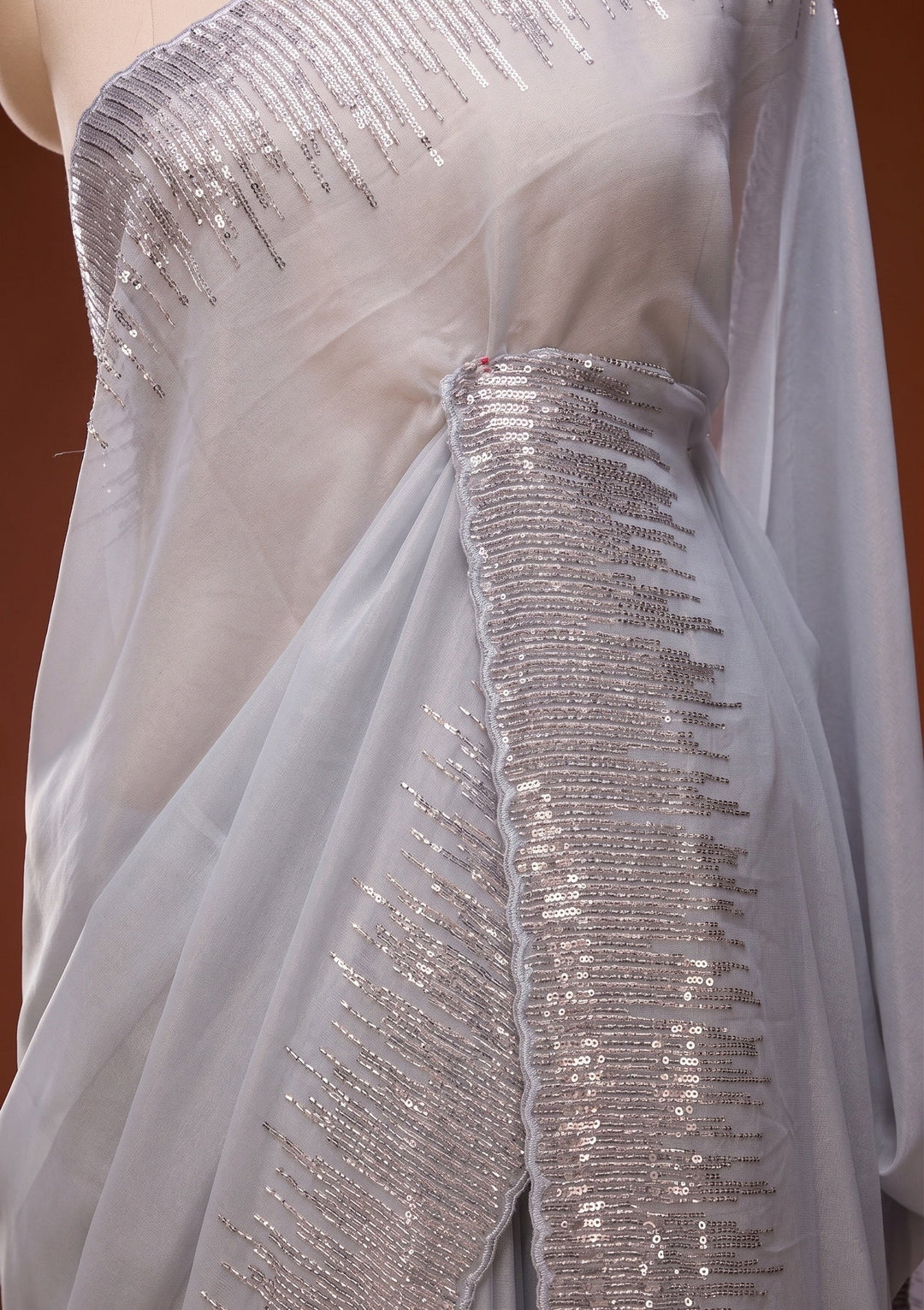 Light Grey Sequins Georgette Saree