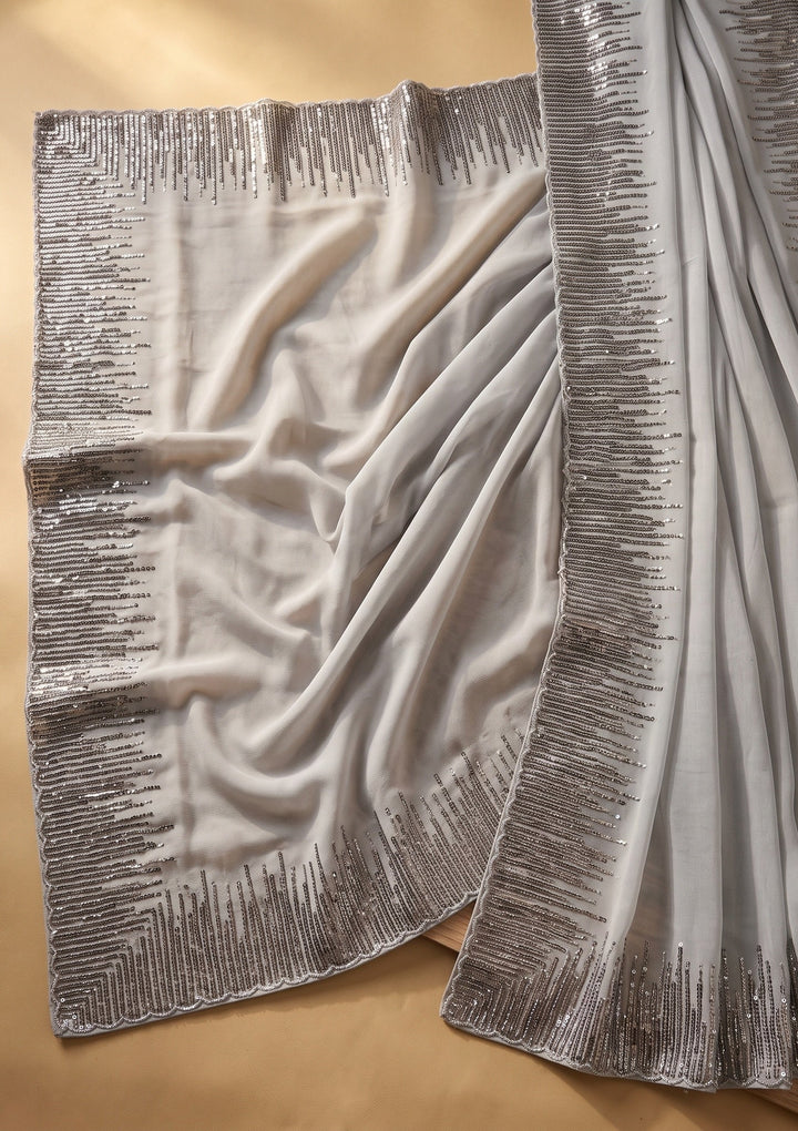 Light Grey Sequins Georgette Saree