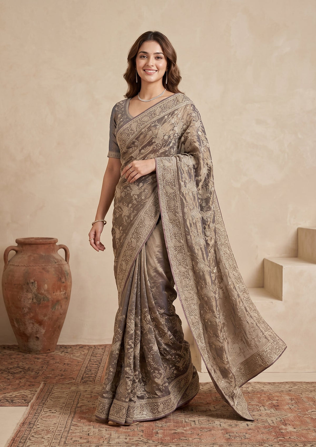 Grey Zariwork (Gold) Tissue Saree