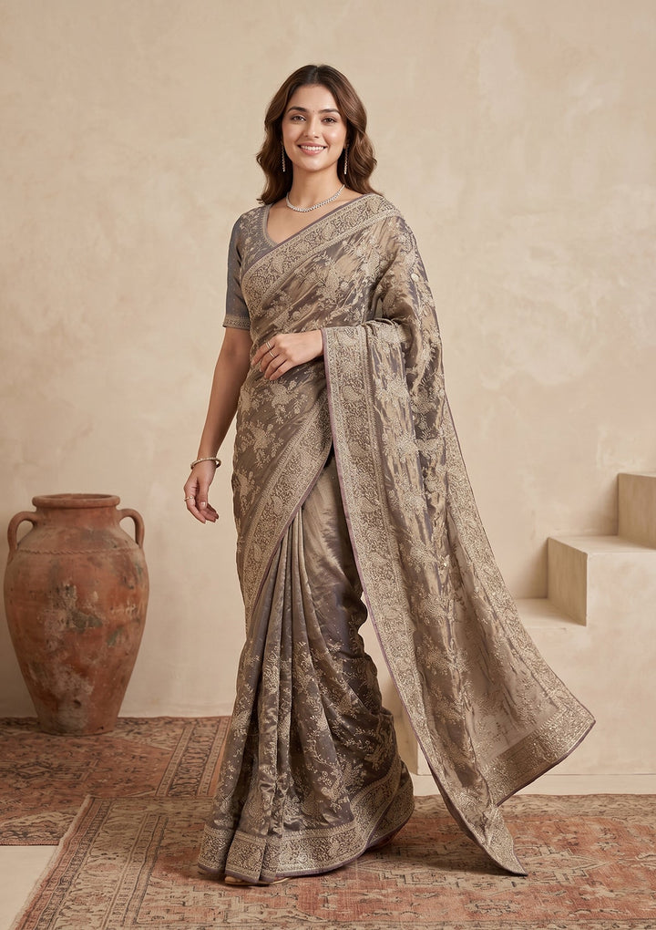 Grey Zariwork (Gold) Tissue Saree